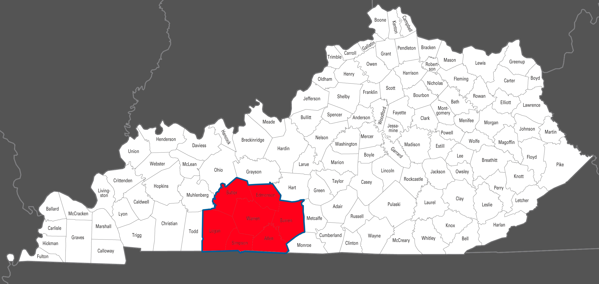 Kentucky map highlighting the seven counties Lint Patrol serves